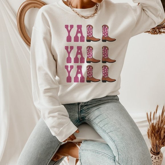 SimplyBeverly Sweaters - Yall Yall Yall Pink and Orange Cowboy Cowgirl Western Boots Sweatshirt